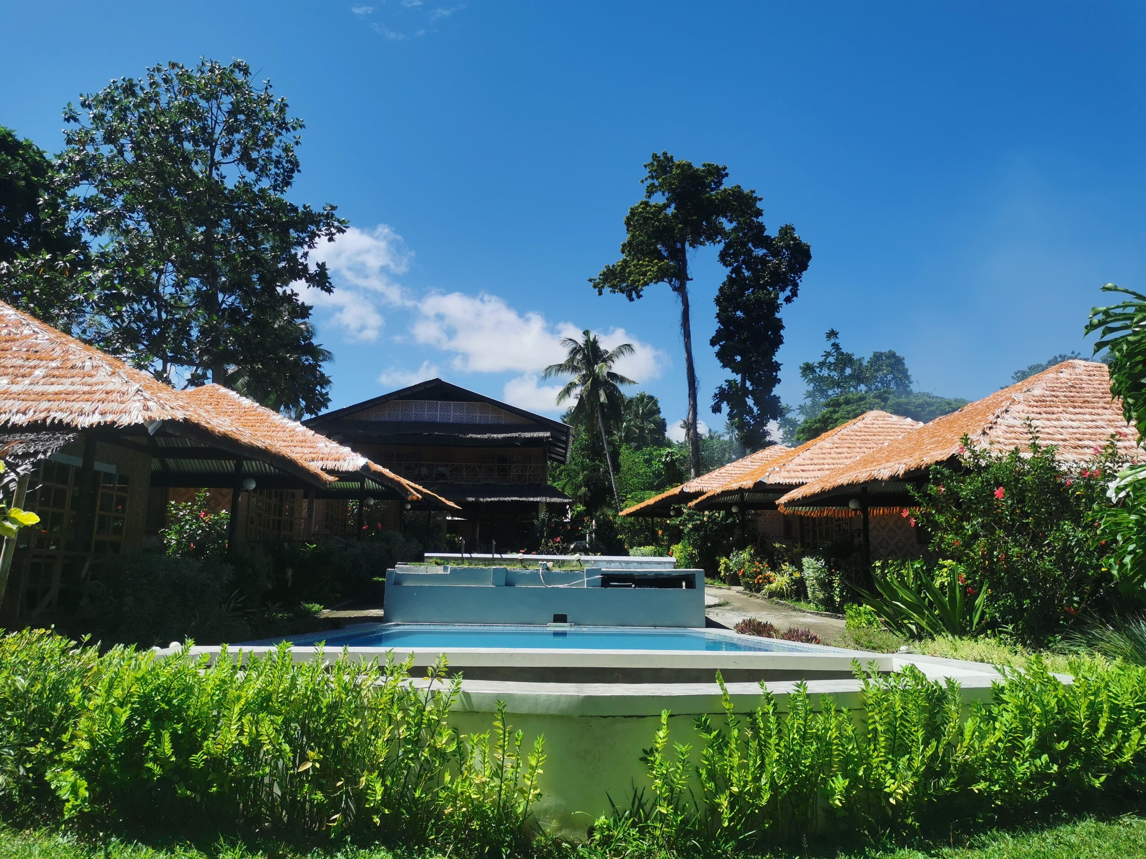 Un complexe hôtelier doté de bungalows aux toits de chaume, d’une piscine et d’une végétation luxuriante.