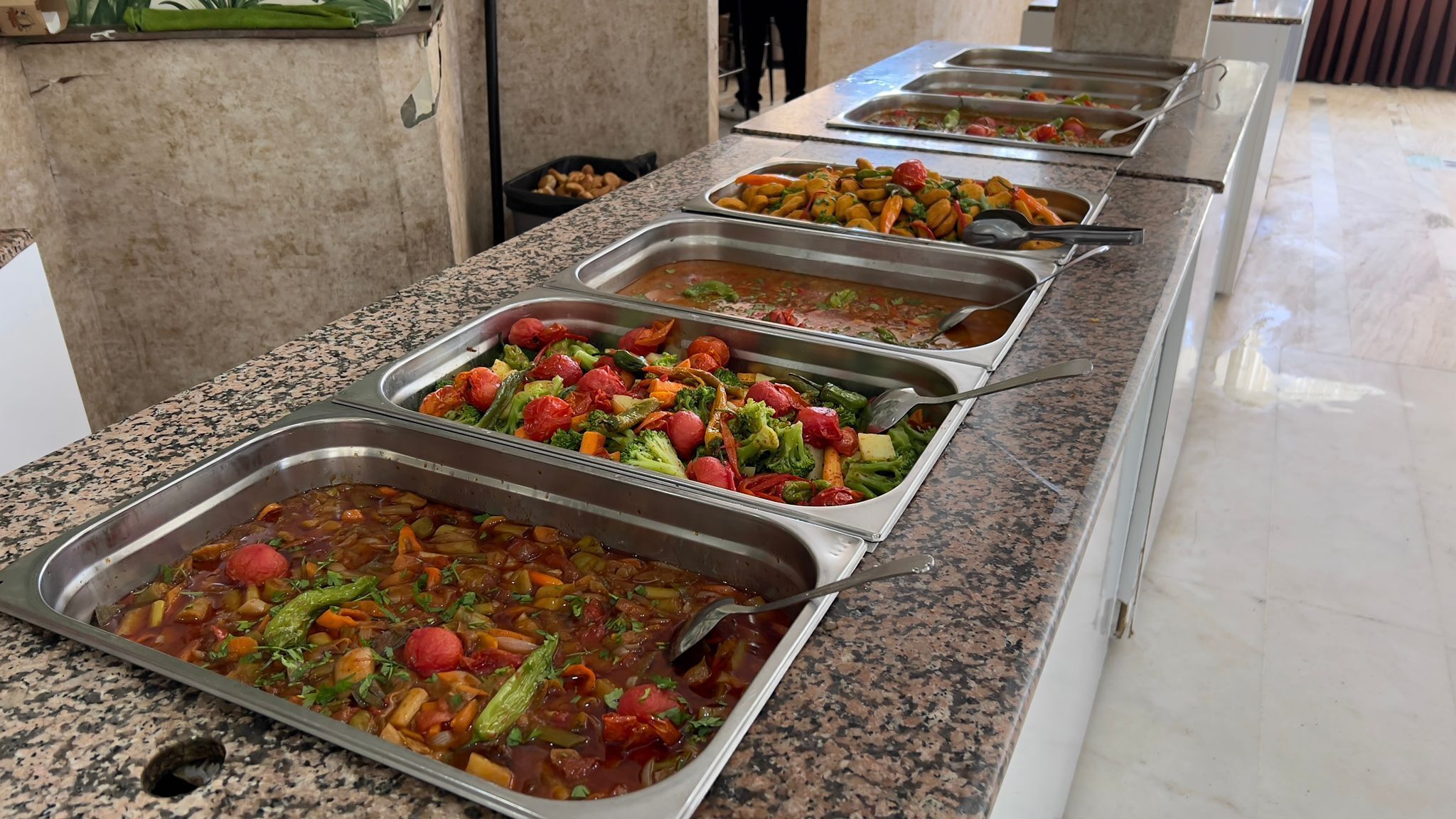 A buffet with various dishes including a vegetable stew and mixed vegetables.