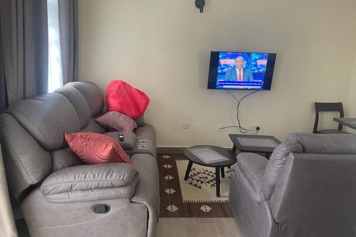 Una sala de estar con un sofá gris, una almohada roja, una mesita y un televisor en la pared.