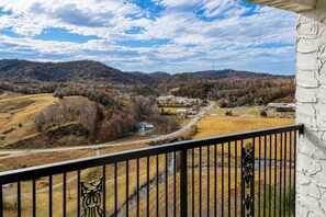 A balcony with a view of a rural landscape, including fields, a road, and distant hills.