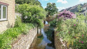 A narrow water channel flanked by lush greenery and a brick building with a window. - Manuka (Falmouth)