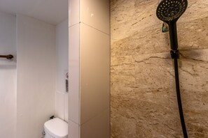 Shower, hair dryer, bidet, towels