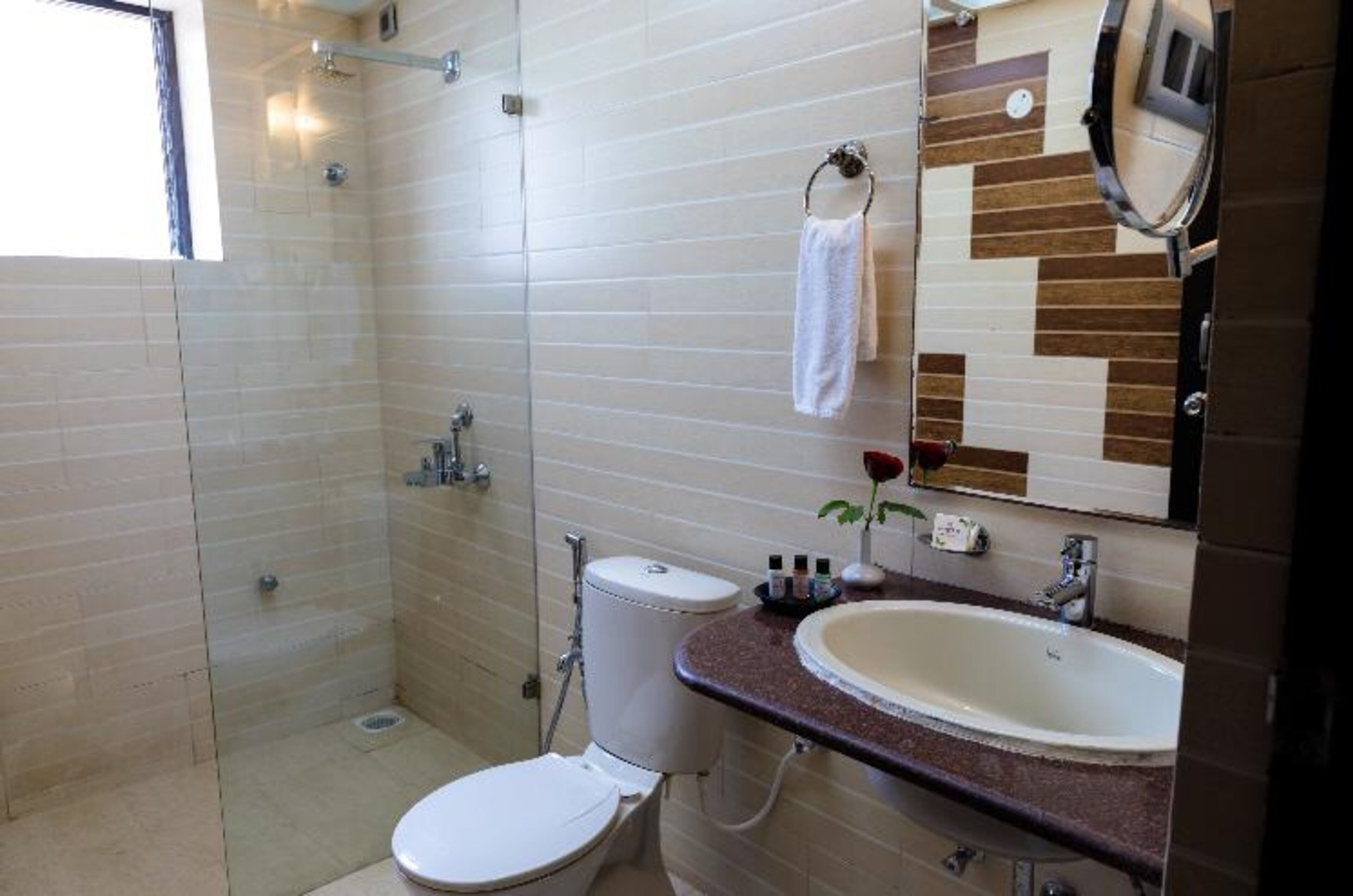 A bathroom with a shower, toilet, sink, and a mirror.