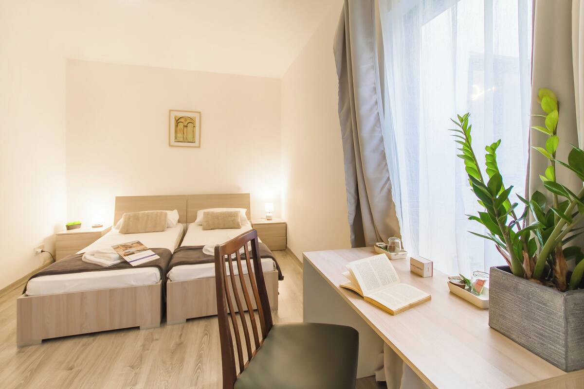 Habitación de hotel con dos camas, un escritorio, una silla, una planta en maceta y un cuadro en la pared.