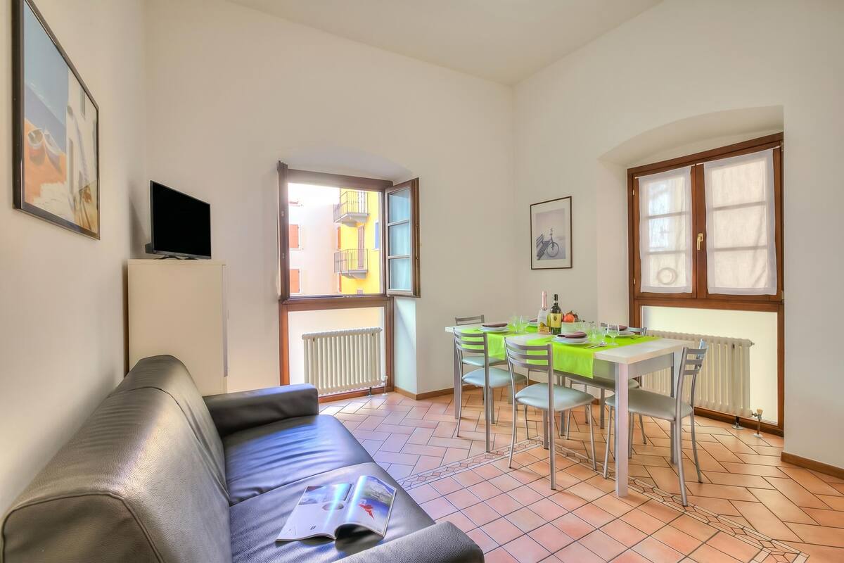 Un salon comprenant un canapé, une table à manger avec des chaises, un téléviseur et une fenêtre donnant sur des immeubles.