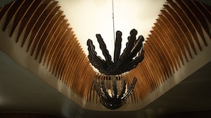 Un candelabro moderno con un diseño orgánico y original, suspendido del techo.