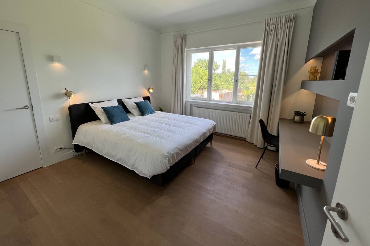 A modern bedroom with a large bed, a window with curtains, a bedside table with a lamp, and a door.