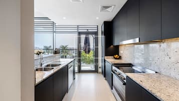 Appartamento Premium | Angolo cottura privato | Frigorifero con congelatore, microonde, forno, lavastoviglie