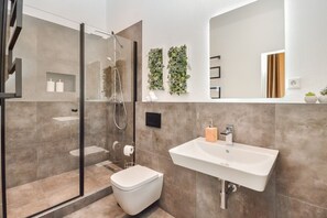 Shower, eco-friendly toiletries, hair dryer, towels