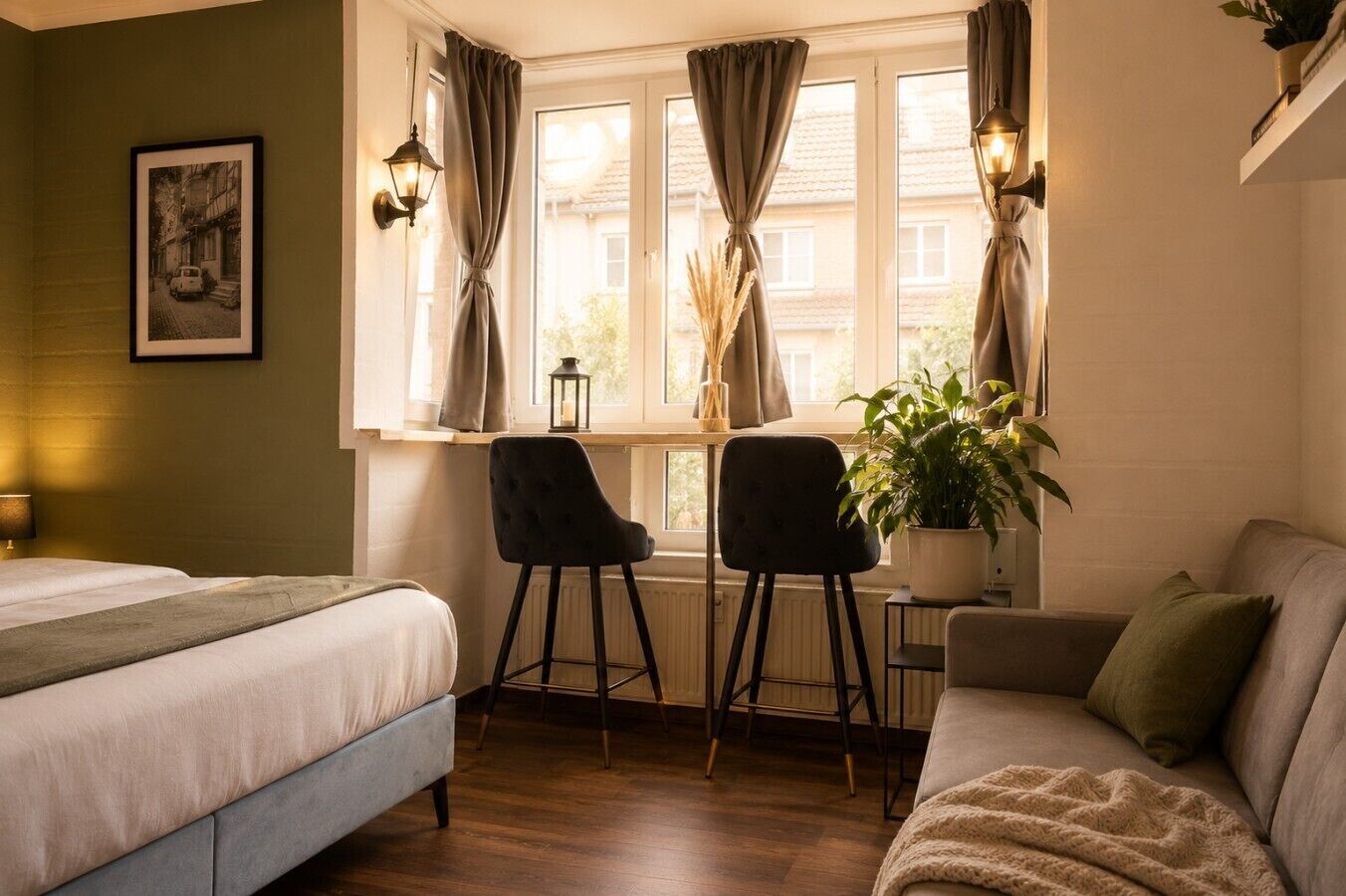 1 chambre, bureau, fer et planche à repasser, lit de bébé portatif