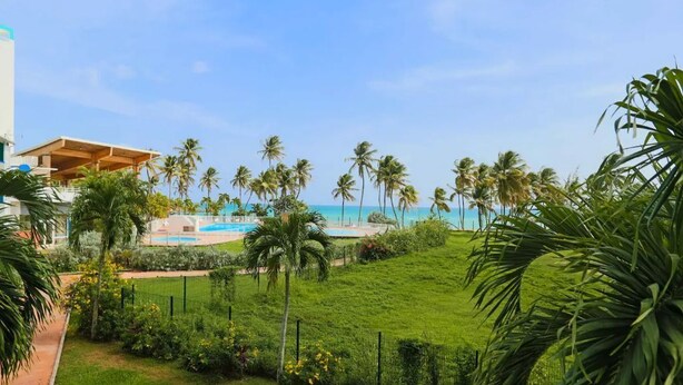 A resort with a swimming pool, palm trees, and a view of the ocean.