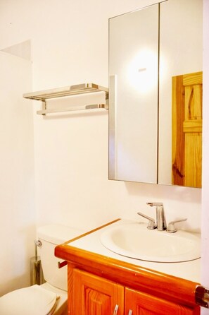 Douche, sèche-cheveux, serviettes fournies, savon