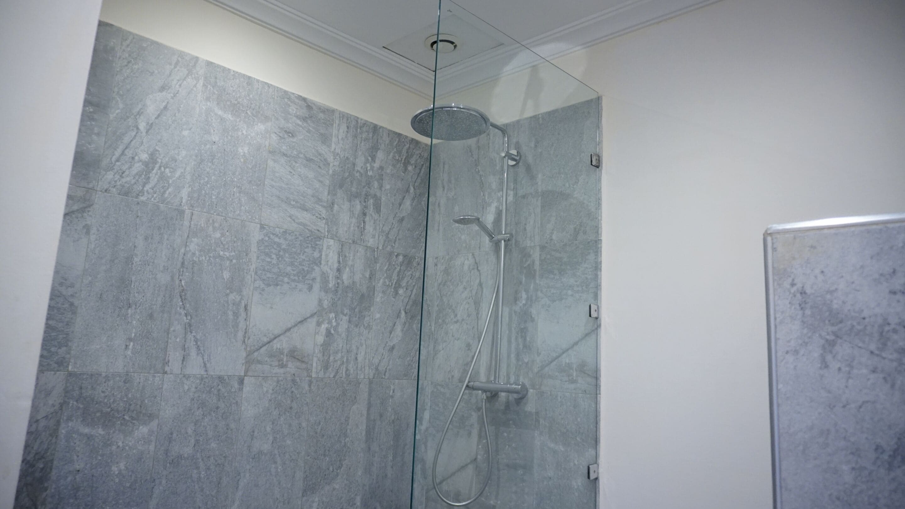 A shower with a glass door, a handheld showerhead, and a wall-mounted faucet.
