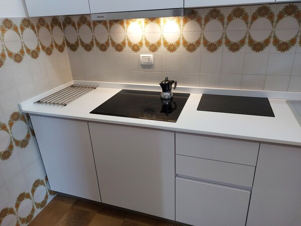 Kühlschrank, Mikrowelle, Herdplatte, Kochgeschirr/Geschirr/Besteck