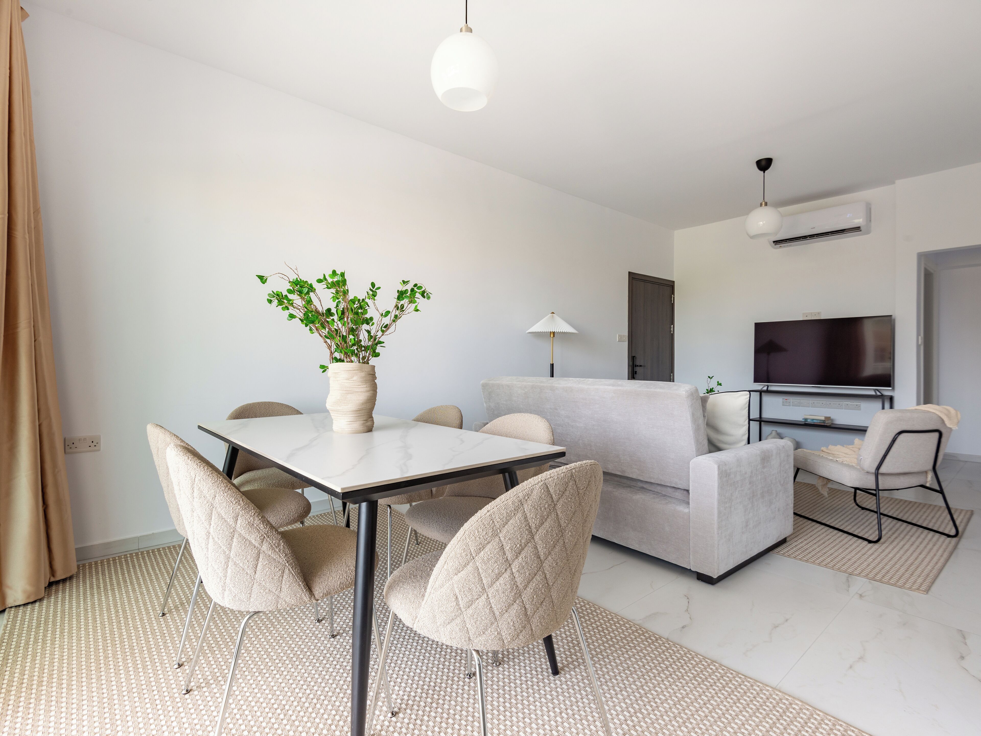 A modern living room with a dining table, sofa, and TV.