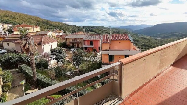 A residential area with houses, a palm tree, and a view of distant hills.