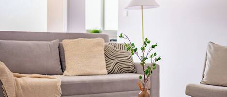 Un salon moderne avec un canapé gris, une table basse et un vase avec une plante.