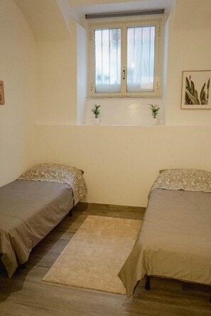Een kleine, gezellige kamer met twee eenpersoonsbedden, een raam met gordijnen, een klein plankje met planten, en een lijst met een afbeelding aan de muur.