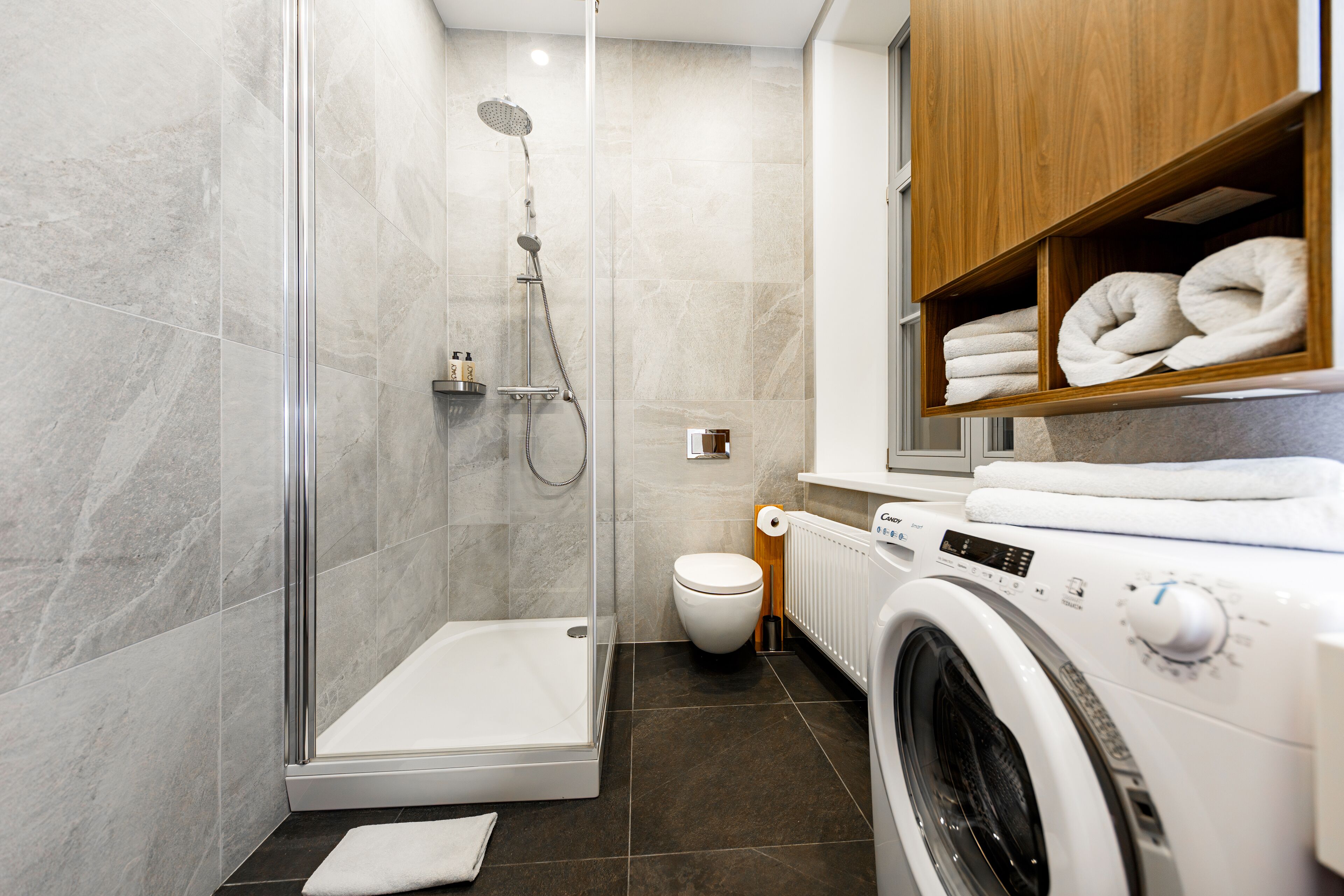 Une salle de bain moderne avec une douche à parois de verre, des toilettes et un lave-linge.