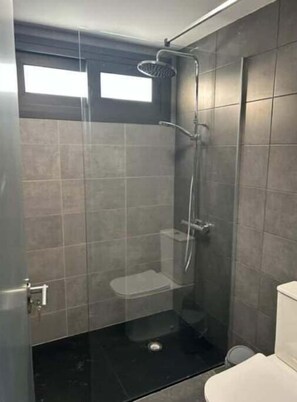 Een moderne badkamer met een douche met glazen wand, een toilet en een wastafel.
