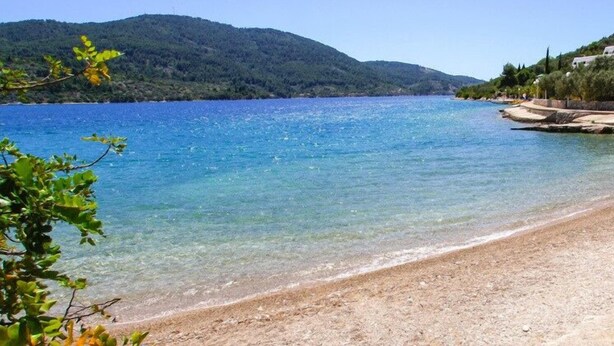A beach with clear water, a sandy shore, and a forested hill in the background.