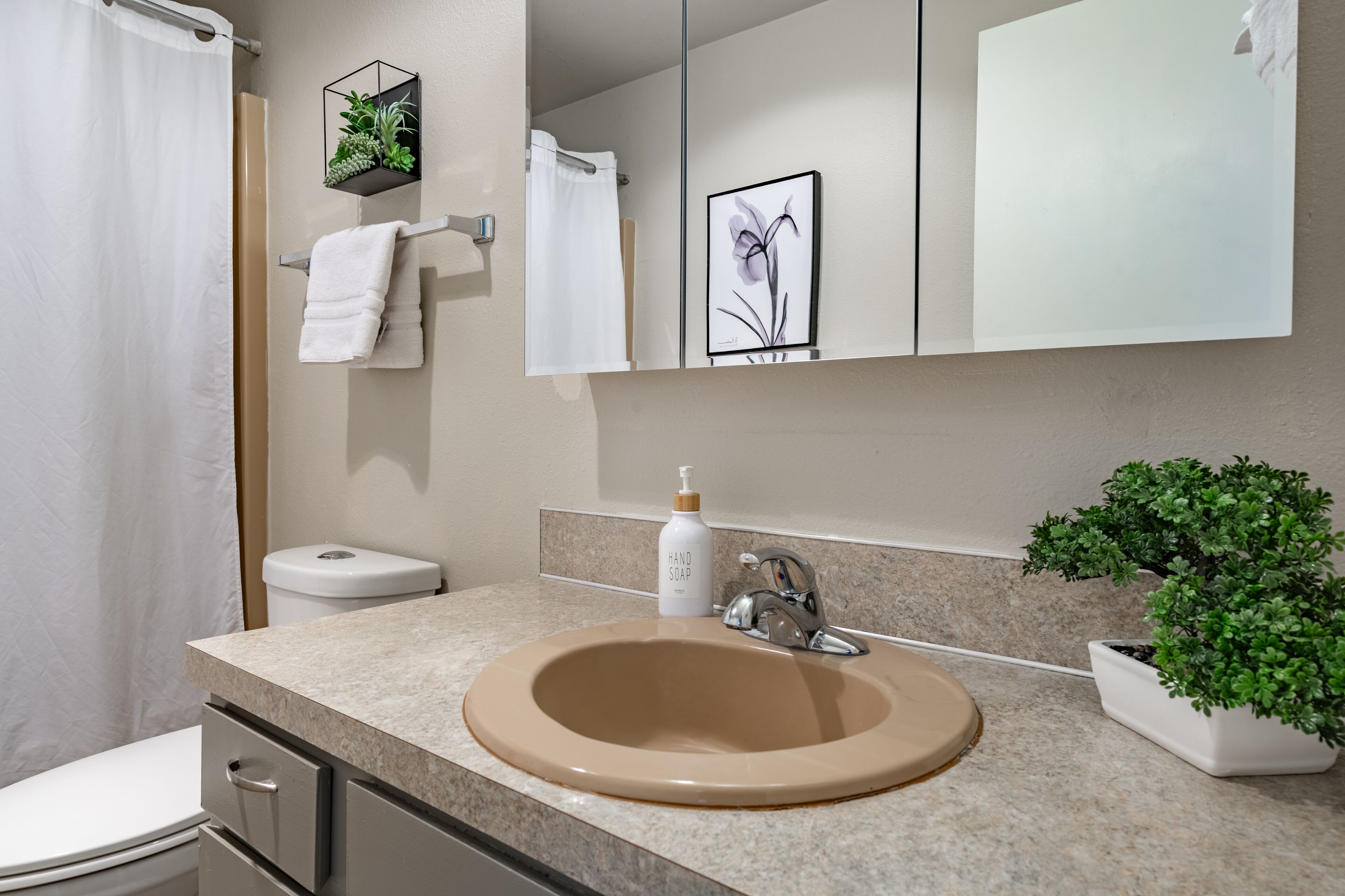 A bathroom with a beige sink, a white toilet, a towel rack, a hand soap dispenser, a framed picture, and a potted plant.