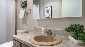 A bathroom with a beige sink, a white toilet, a towel rack, a hand soap dispenser, a framed picture, and a potted plant.