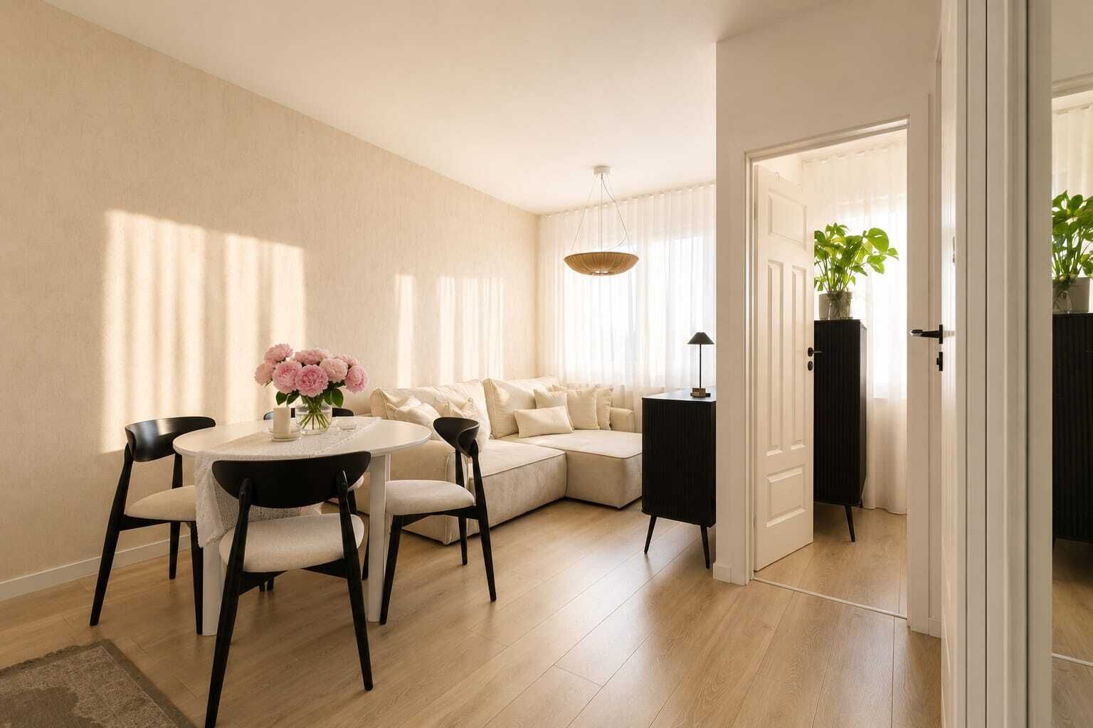 A modern living room with a round dining table, a sofa, and a black cabinet.