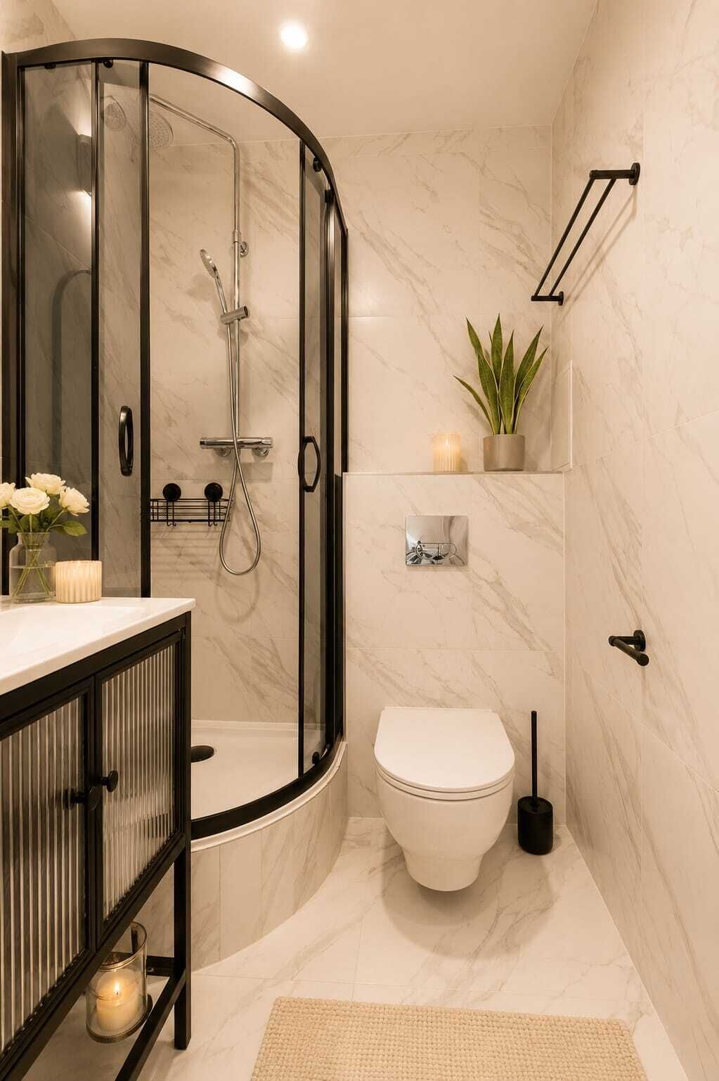 Casa de banho com cabine de duche curva, sanita, lavatório com armário preto, planta em vaso e porta-toalhas fixado na parede.