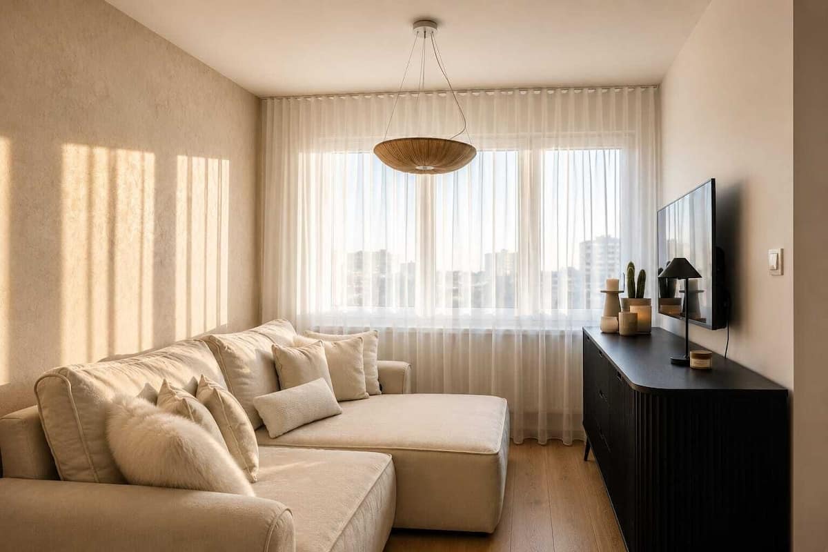 A modern living room with a sofa, a television, and a city view through sheer curtains.