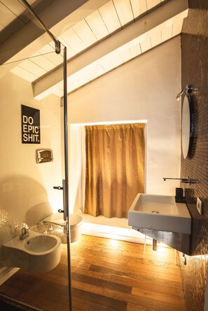 Shower, hair dryer, bidet, towels
