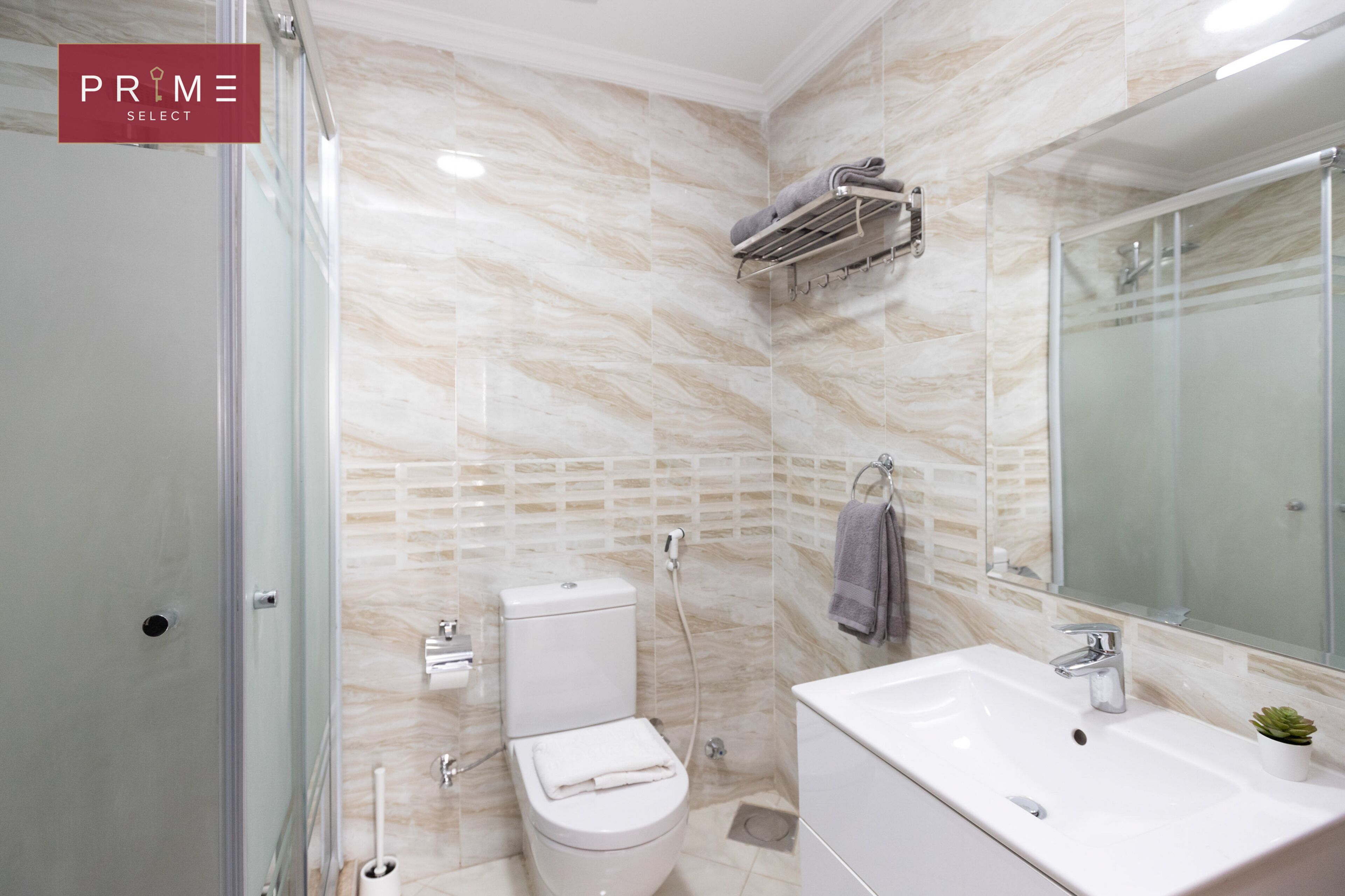 A modern bathroom with a glass shower enclosure, a white toilet, a sink with a mirror, and a towel rack.