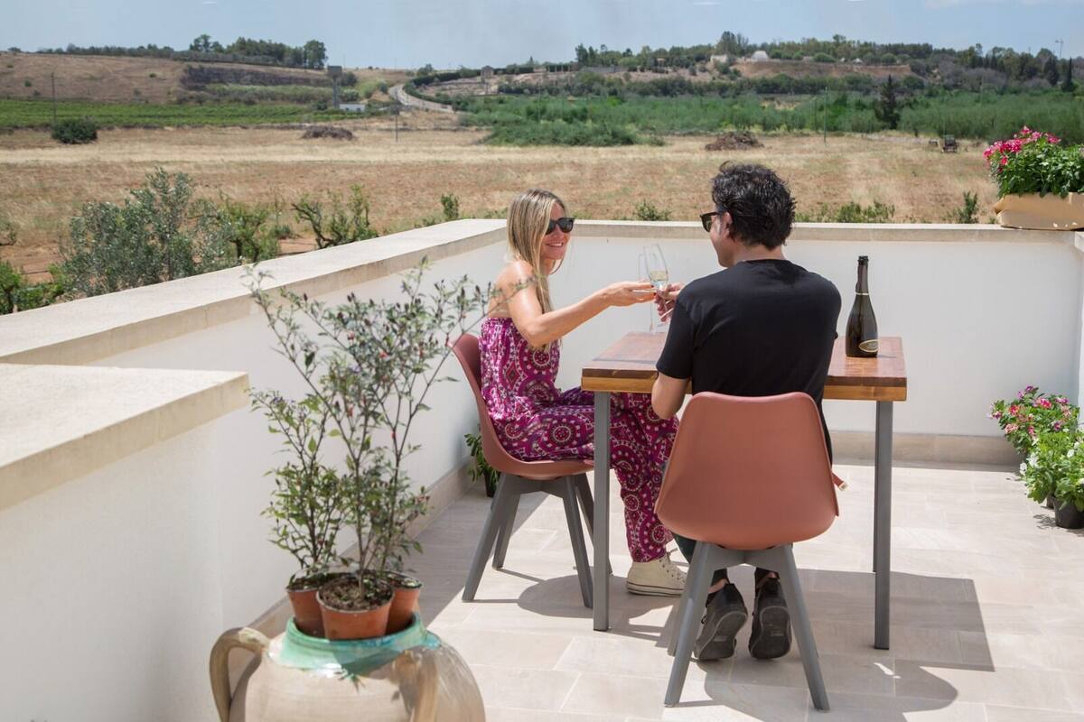 A terrace with a table and chairs, a potted plant, and a view of a rural landscape.