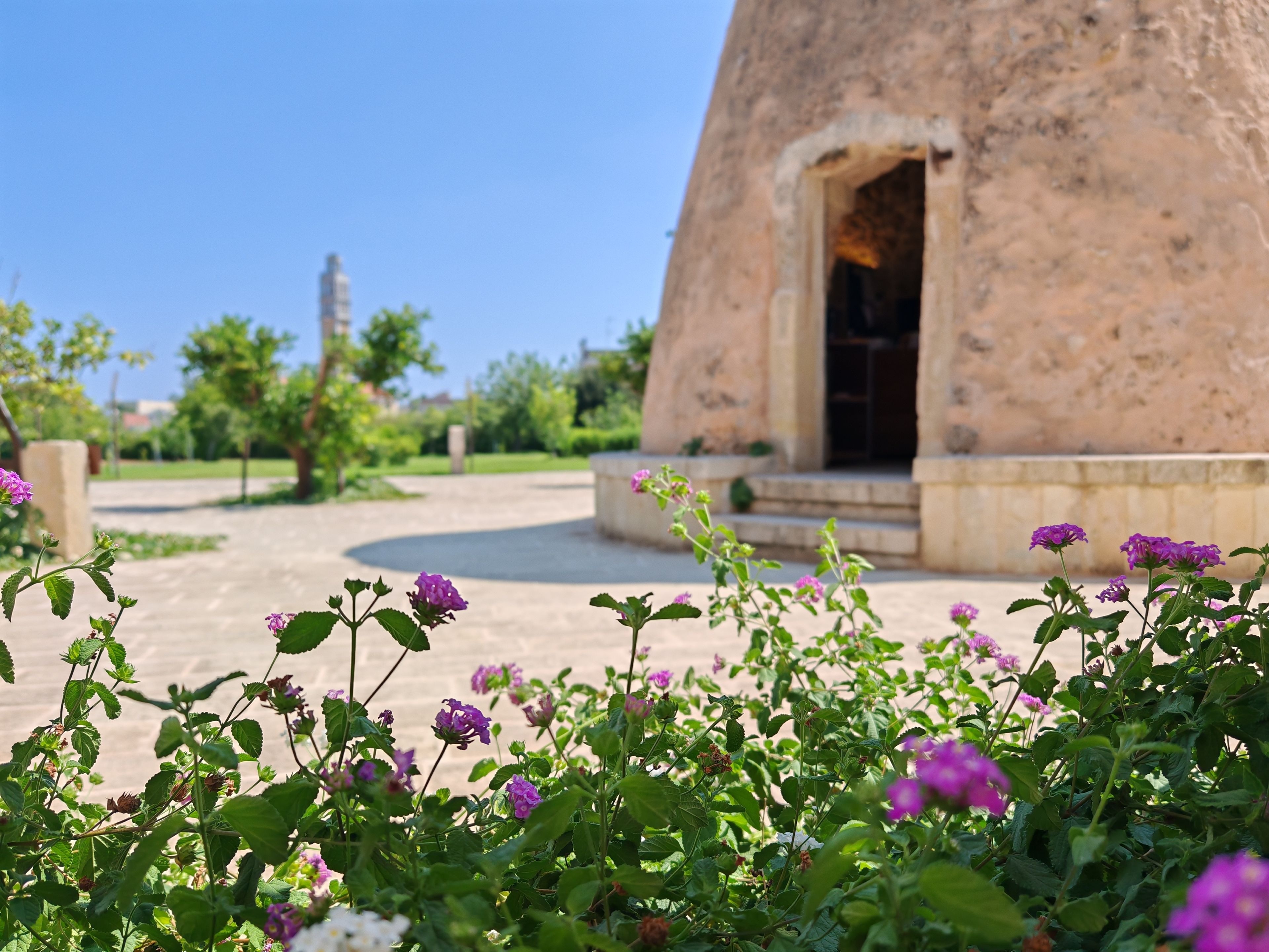 A building with a dome-like structure, surrounded by greenery and flowers.