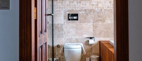 A narrow hallway leading to a bathroom with a toilet, a bidet, and a shower area.