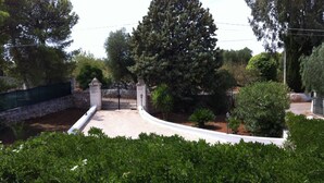 A gated entrance with a stone wall, a large tree, and well-maintained hedges. - The magical though (Puglia)