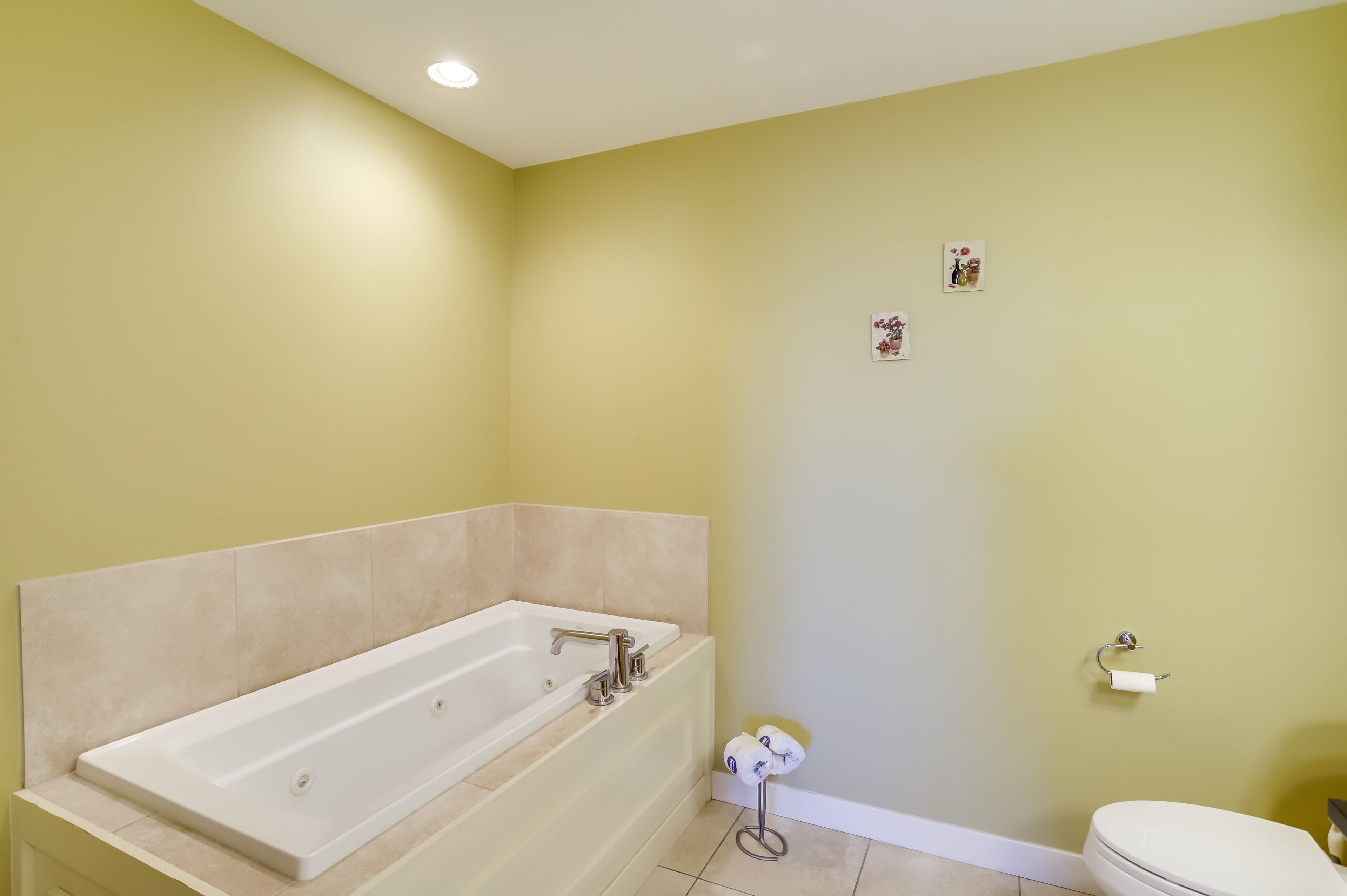 Ein Badezimmer mit einer großen Badewanne, Toilette und einem kleinen, an der Wand befestigten Toilettenpapierhalter.