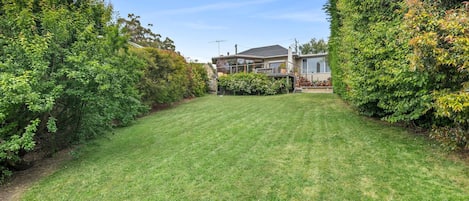 A well-maintained lawn with a house in the background.