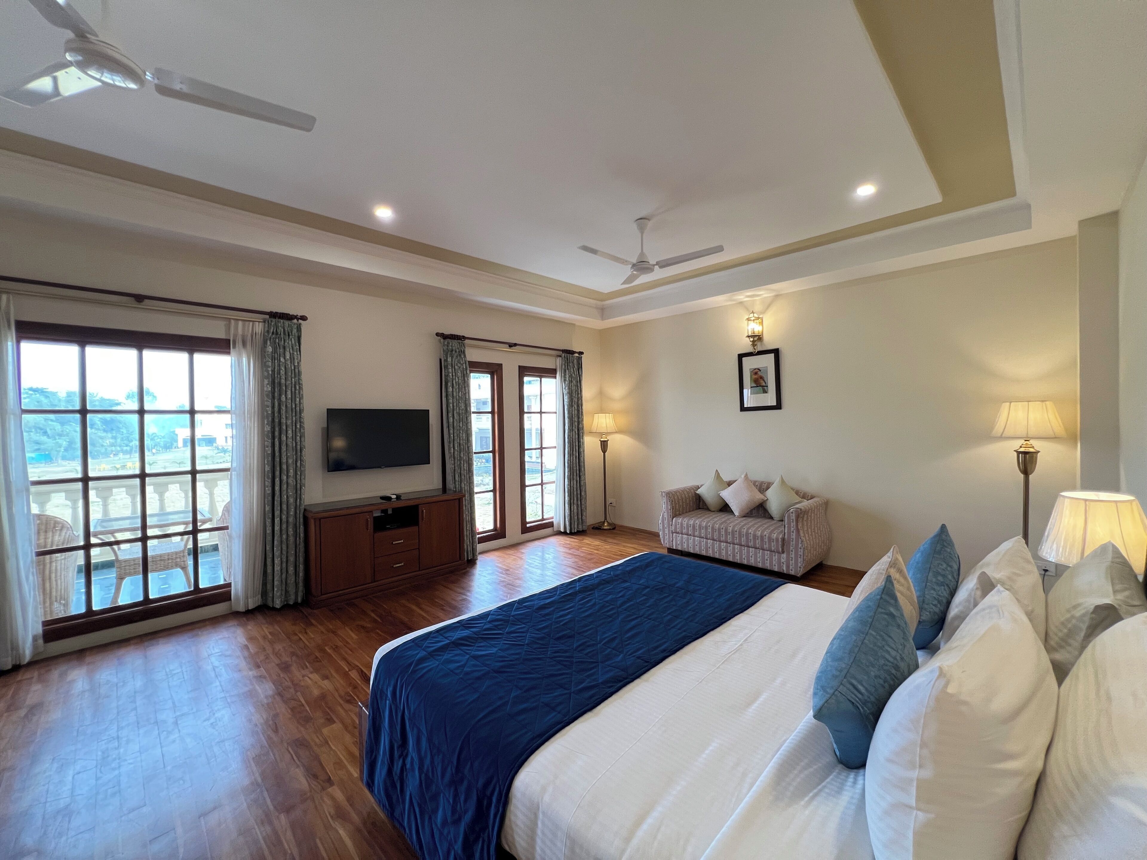 A spacious bedroom with a large bed, a TV, a ceiling fan, and a view through the windows.