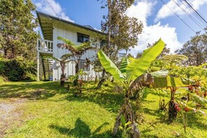 A white building with a balcony, surrounded by lush greenery and banana plants.