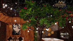 A room with a bed, a large tree, a bathtub, and a starry night ceiling.