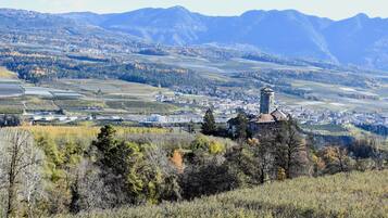 A town with a prominent tower, surrounded by mountains and fields.