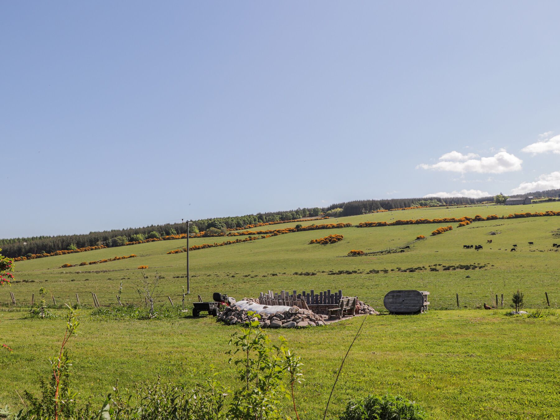 A rural landscape with a field, a wooden structure, and a distant building.