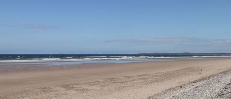A wide beach with a clear sky.