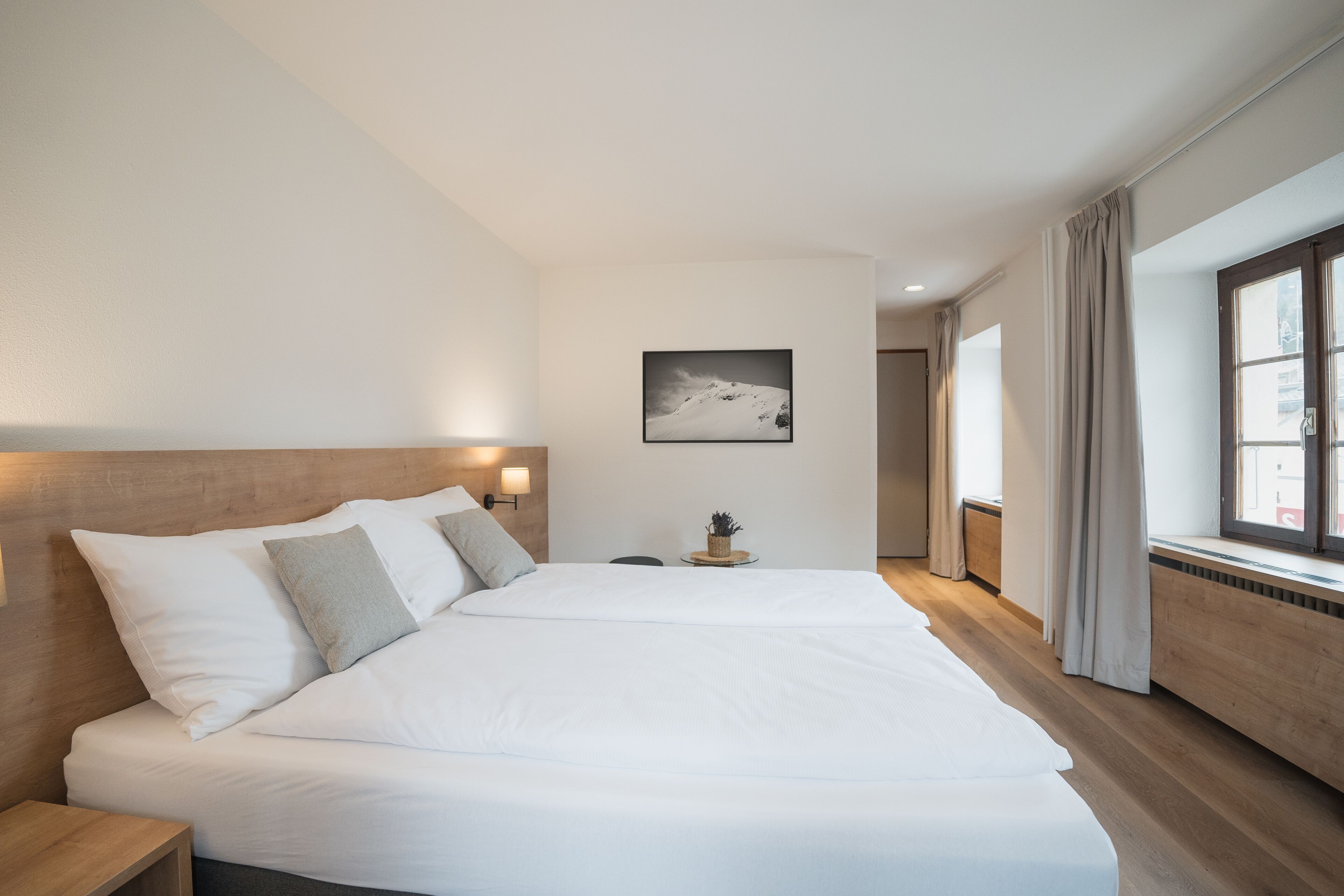 Habitación de hotel con una cama grande, una mesita de noche, una pequeña mesa con una planta, una ventana con cortinas y un cuadro en la pared.