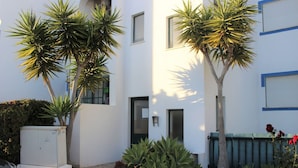 Un edificio moderno con facciata bianca, una porta verde e una piccola finestra. Nel cortile si vedono diverse palme e altre piante.
