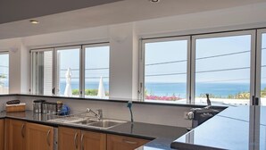 Una cocina moderna con ventanas amplias, un lavamanos y armarios de madera.