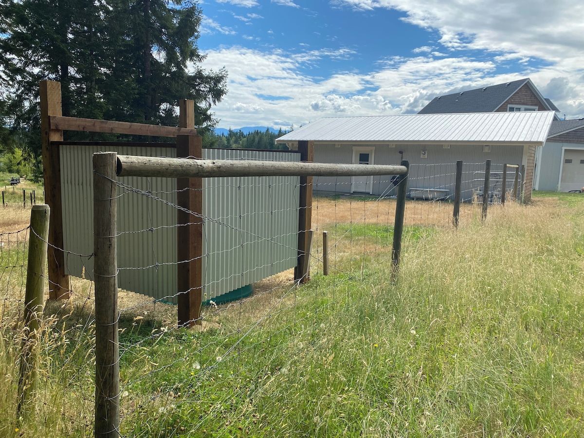 Un espace délimité par une clôture, avec un portail en métal, un poteau en bois et, au fond, un bâtiment doté d’un toit en métal.