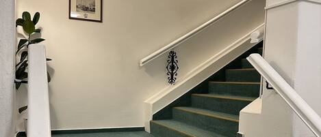 Una escalera con peldaños cubiertos de moqueta verde y barandillas blancas, que conduce a un piso superior.