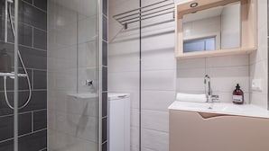 Ein modernes Badezimmer mit einer Duschkabine, einer weißen Toilette und einem Waschbecken mit Spiegel.